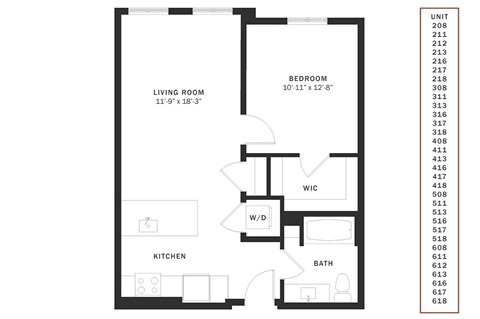 Floor plan for 1 bed, 1 bath, 688 sqft